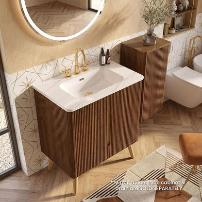 30" Modern Bathroom Vanity with Sink, Mid Century Modern Walnut Bathroom Cabinet with Carrara Marble Finish Sink, Doors, Large Storage with Adjustable Shelf
