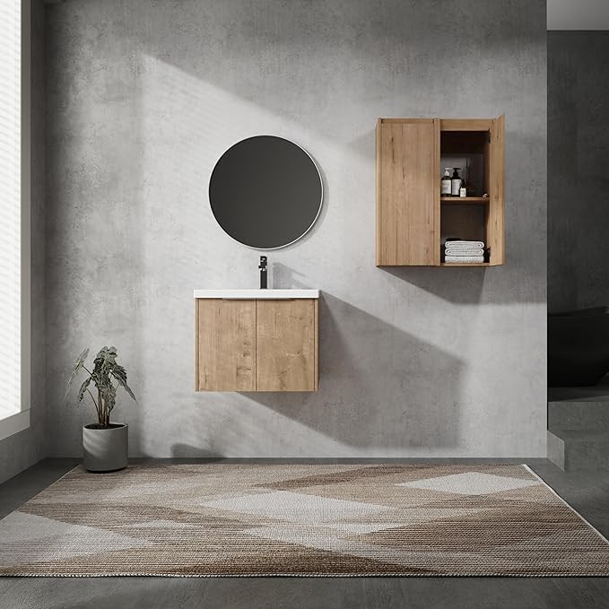 SSLine 24-Inch Single Bathroom Vanity Modern Wall Mounted Bathroom Vanity with Sink 24" Small Floating Bathroom Vanities Set with 2 Side Storage Cabinets,Brown White