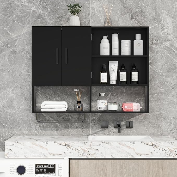 Bathroom Wall Cabinet, Medicine Cabinet, with Towel Bar & 2 Doors, Black