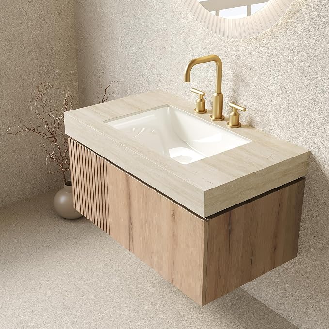 KEIKI 36 Inch Floating Bathroom Vanity with Sink, White Oak & Beige | Modern Wall Mounted Storage Cabinet w/ Drawer & Door, Pre-assembled Wood Panels, Sintered Stone Top & Ceramic Basin Combo Set
