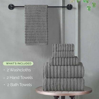 Elegant Comfort 100% Turkish Cotton Corduroy Ribbed Luxury Bath Towels 6-Piece Set, Premium Feel - Quick Dry, Highly Absorbent, Contains 2 Bath Towels, 2 Hand Towels, and 2 Washcloths, Gray