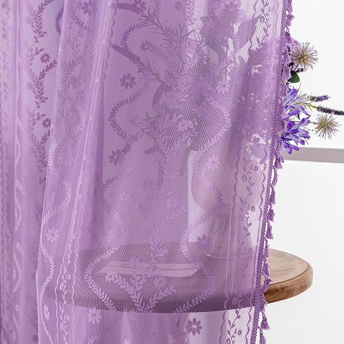 WAZZIO Purple Lace Shower Curtain for Bathroom 72" W x 84" L, Victorian Farmhouse Floral Pattern Tassel Fancy Shower Curtain Boho Washable Cloth Decorative Bath Curtains,1 Panel