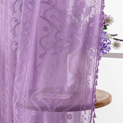 WAZZIO Purple Lace Shower Curtain for Bathroom 72" W x 84" L, Victorian Farmhouse Floral Pattern Tassel Fancy Shower Curtain Boho Washable Cloth Decorative Bath Curtains,1 Panel