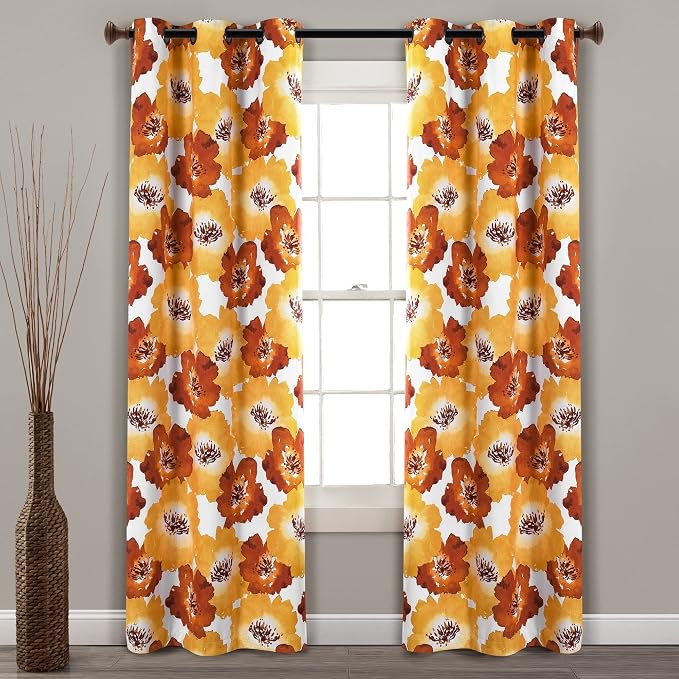 Lush Decor Julie Floral Insulated Grommet 100% Blackout Window Curtain Panels, Pair, 38" W x 95" L, Red & Yellow - Spring Floral Curtains - Blackout Curtains For Living Room, Bedroom, & Dining Room
