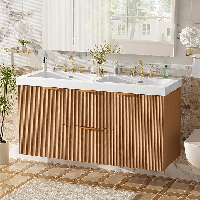 Merax 48" Bathroom Vanities Cabinet with Double Sinks Combo, Modern Floating Bathroom Vanity with Resin Countertop, Soft-Close System and Divided Drawers, Nature Wood