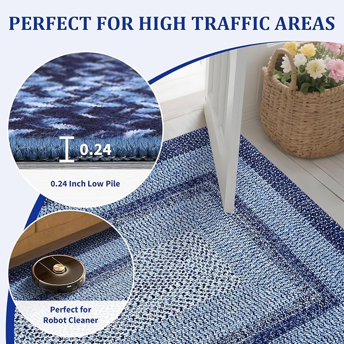 Printed Washable Rugs 10x13 Area Rug for Living Room Modern Bedroom Rug Blue Braided Soft Large Area Rug Non Slip Throw Rugs Stain Resistant Carpet for Nursery Dining Room 10'x13' Navy Blue
