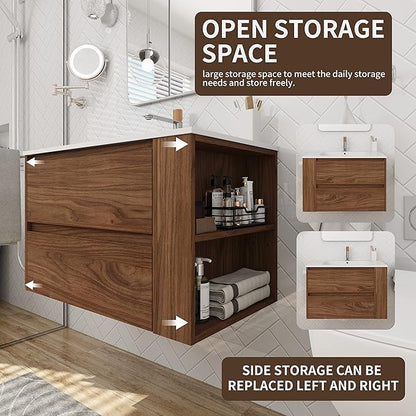 Henf 30inch Wall Mounted Bathroom Vanity with White Gel Sink, Modern Floating Bathroom Vanity Cabinet with 2 Soft Close Drawers & Open Storage Shelf, Bathroom Sink Vanity with Sink Combo Set,Brown
