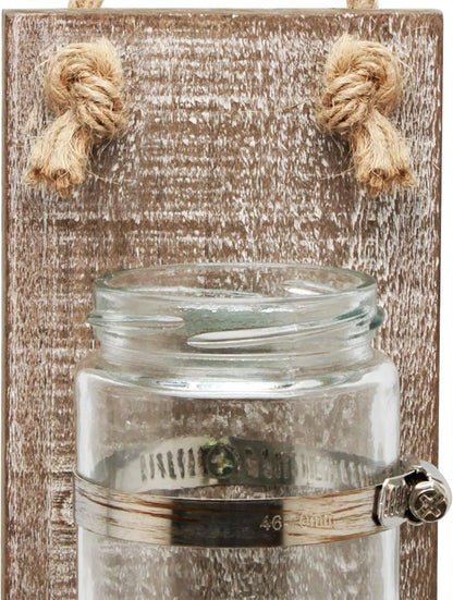 Stonebriar Rustic White Wash Wooden Mason Jar Wall Sconce Set with Hanging Loop