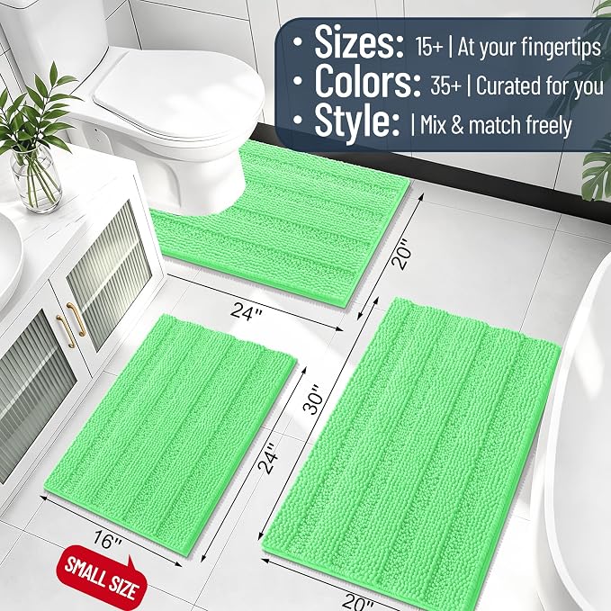 Smiry Thick Chenille Bathroom Rugs 36x24, Absorbent Bath Mat, Mint Green | Quick‑Dry & Machine Washable, Non‑Slip Bath Carpet, Soft Striped Bath Rugs for Tub & Shower, Modern Home Decor Accessories