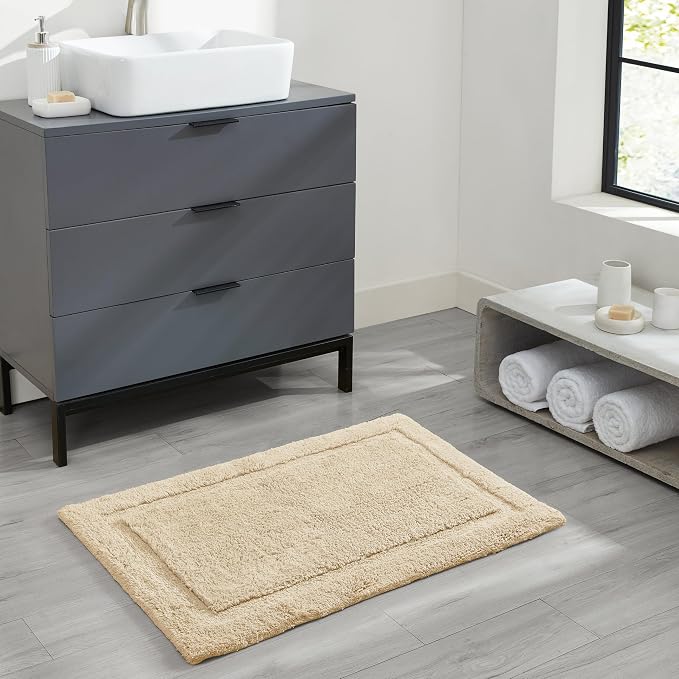 Jean Pierre New York Lydia Border 100% Cotton Bath Mat 2-Piece Set - Non-Slip Bath Rug - Ivory - 17"x24" & 20" x 32"