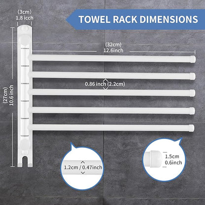 Swivel Towel Rack, 12.6 Inch Towel Bar with Wall Mounted 180° Rotation, 5 Arms Towel Hanger SUS 304 Stainless Steel, Space Saving for Kitchen, Bathroom, Outdoor, White