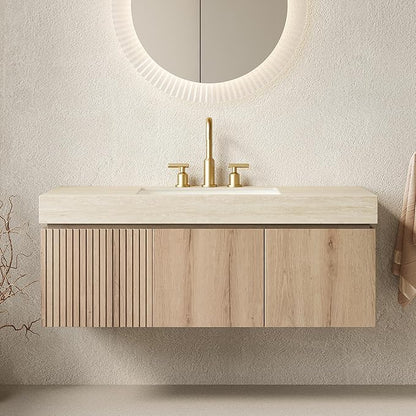 48” Floating Bathroom Vanity with Sink, Wall-Mounted Cabinet with Drawer & Doors, Roma Travertine-Pattern Countertop, Undermount Basin, 3 Faucet Hole, Soft-Close, Pre-Assembled, Light Oak