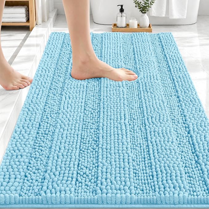 OLANLY Thick Bathroom Rugs 30x20, Soft Chenille Striped Bath Rugs, Sky Blue | Rubber Backing, Machine Wash, Extra Absorbent Bath Mats for Bathroom Floor, Tub and Shower, Home Decor Accessories