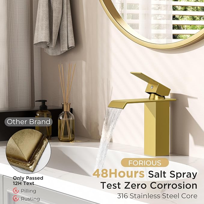 FORIOUS Bathroom Faucet 1 Hole Single Handle Vanity Faucets Brushed Gold | Sqaure Waterfall Spout, 1 or 3 Hole 4 Inch Centerset Sink with Drain and Hoses, for Vanity Rv Commercial Lavatory Restroom