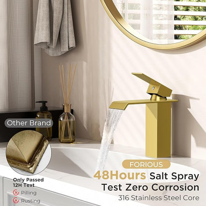 FORIOUS Bathroom Faucet 1 Hole Single Handle Vanity Faucets Brushed Gold | Sqaure Waterfall Spout, 1 or 3 Hole 4 Inch Centerset Sink with Drain and Hoses, for Vanity Rv Commercial Lavatory Restroom