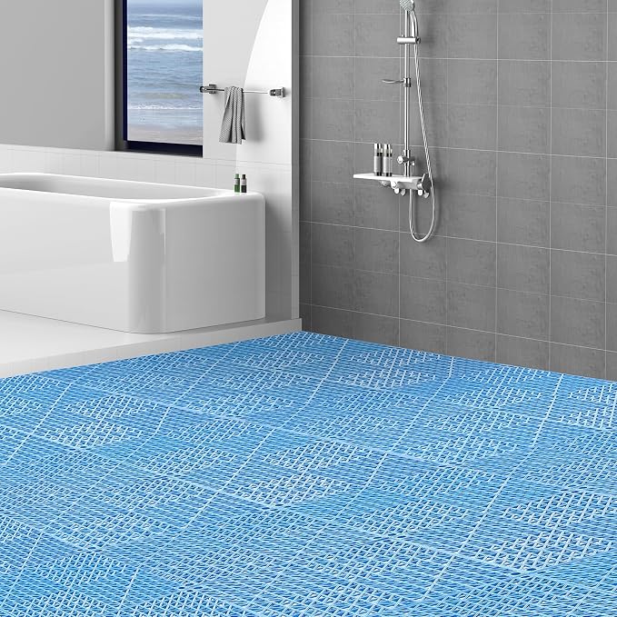 VEVOR Interlocking Tiles, 55Pcs 12 x 12 in, Soft PVC Drainage Tile Mat, Non Slip & Wear-Resistant Splicing Drainage Mat, Floor Tile Drain Holes for Restroom, Bathroom, Kitchen, Pool, Blue