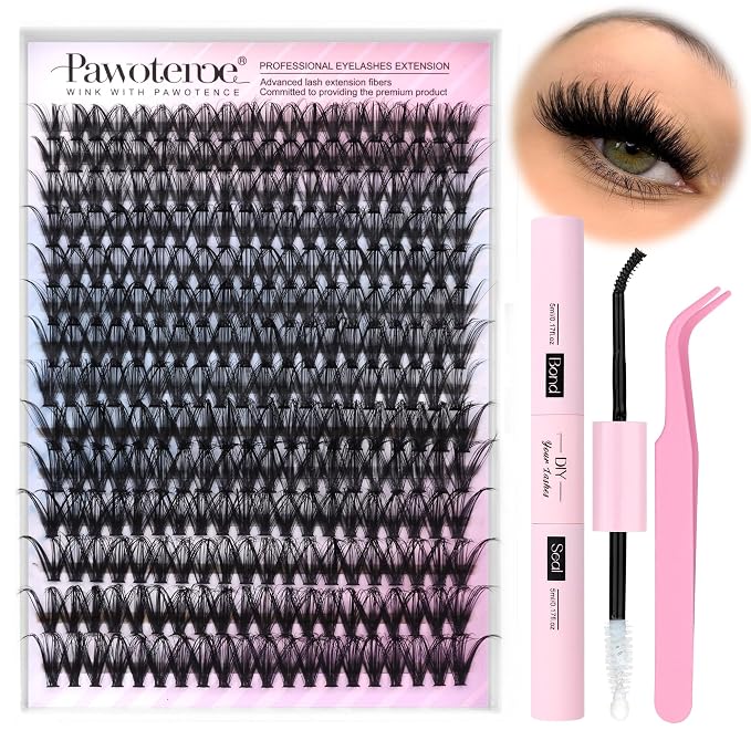 Lash Extension Kit DIY 40D 12-18mm Individual Lashes Clusters Kit 280pcs Cluster Eyelash Extensions Kit with Lash Bond and Seal, Tweezers for Self Application (Long 40D, 12-18mm, Kit)