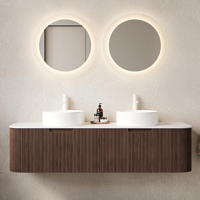 Yayzy 60" Floating Bathroom Vanity with Sink, Solid Wood Fluted Cabinet, White Round Ceramic Basin & Faux Marble Top, Soft-Close Drawer, Pre-Assembled, Walnut Woodgrain