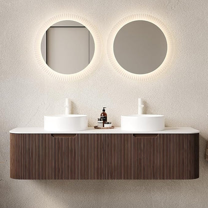 Yayzy 60" Floating Bathroom Vanity with Sink, Solid Wood Fluted Cabinet, White Round Ceramic Basin & Faux Marble Top, Soft-Close Drawer, Pre-Assembled, Walnut Woodgrain