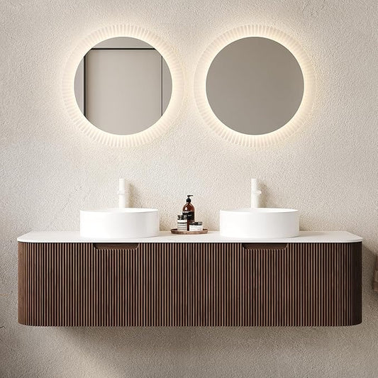 Yayzy 60" Floating Bathroom Vanity with Sink, Solid Wood Fluted Cabinet, White Round Ceramic Basin & Faux Marble Top, Soft-Close Drawer, Pre-Assembled, Walnut Woodgrain
