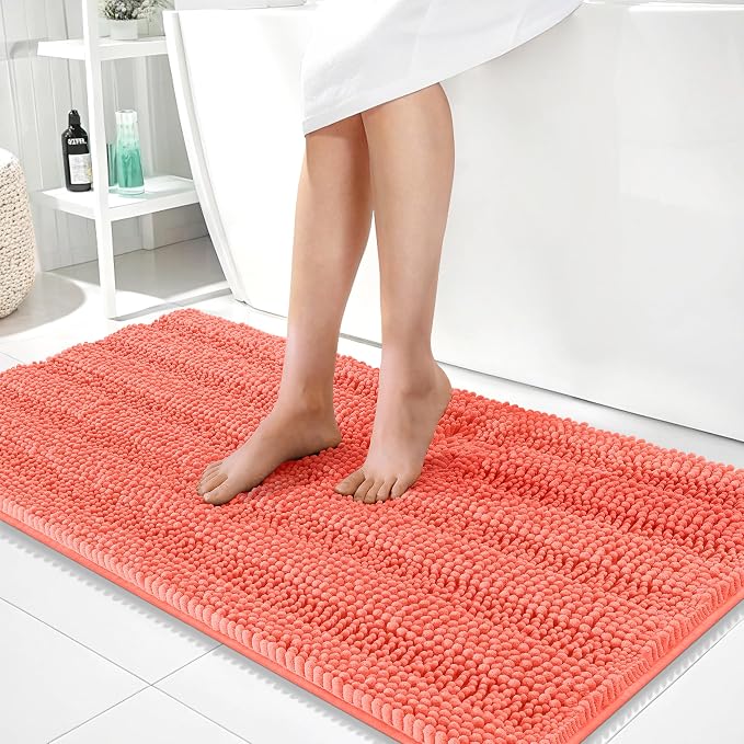 OLANLY Thick Bathroom Runner Rugs 44x24, Soft Chenille Bath Rugs, Coral | Absorbent Striped, Rubber Backing, Machine Wash, Long Bath Mats for Bathroom Floor, Tub and Shower, Home Decor Accessories