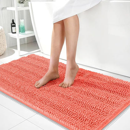 OLANLY Thick Bathroom Runner Rugs 44x24, Soft Chenille Bath Rugs, Coral | Absorbent Striped, Rubber Backing, Machine Wash, Long Bath Mats for Bathroom Floor, Tub and Shower, Home Decor Accessories