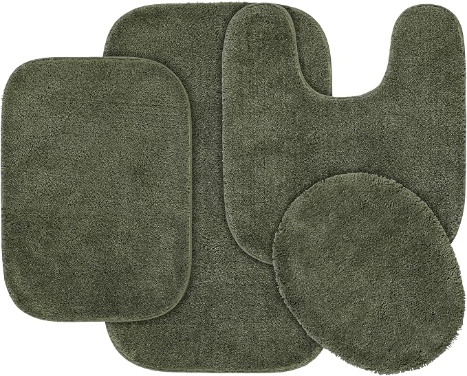 Garland Rug Traditional Nylon Washable Deep Fern 4 Piece Set - Lid, Contour, 2 Bath Rugs - Soft, Absorbent, and Stylish for Your Bathroom