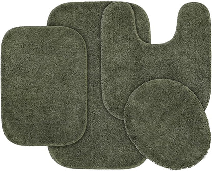 Garland Rug Traditional Nylon Washable Deep Fern 4 Piece Set - Lid, Contour, 2 Bath Rugs - Soft, Absorbent, and Stylish for Your Bathroom