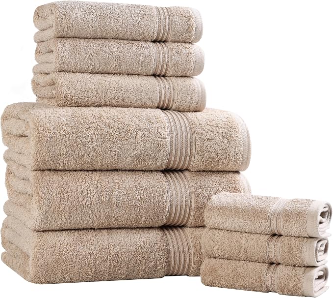 Superior Egyptian Cotton 9-Piece Towel Set, Assorted Towels for Home Bathroom, Guest Bath Decor Essentials, Includes 3 Bath, 3 Hand, 3 Face Towels/Washcloths, Quick Dry, Absorbent - Taupe