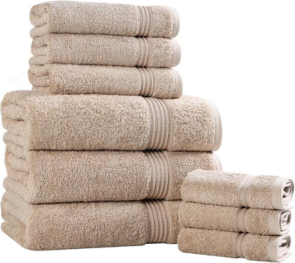 Superior Egyptian Cotton 9-Piece Towel Set, Assorted Towels for Home Bathroom, Guest Bath Decor Essentials, Includes 3 Bath, 3 Hand, 3 Face Towels/Washcloths, Quick Dry, Absorbent - Taupe