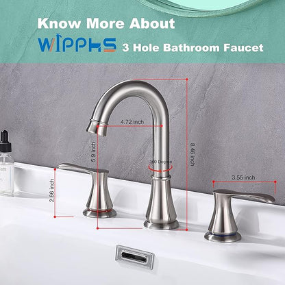 3 Hole Bathroom Faucet with Pop Up Drain and cUPC Faucets Supply Hose, WiPPhs 360 Degree Swivel Spout 2 Handle 8 inch Brass Widespread Bathroom Sink Faucet, Basin Faucet Mixer Taps (Brushed Nickel)