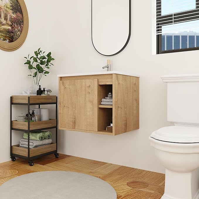 24 Inch Bathroom Vanity with White Sink Combo,Wall-Mounted Bathroom Vanity 1 Door&Right Side Shelf for Small Space, Modern Floating Bathroom Cabinet with Top Basin,Brown