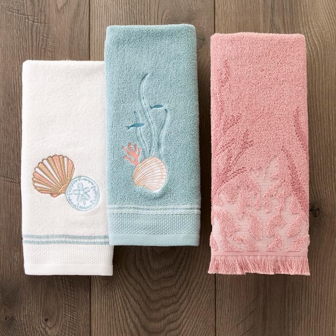 SKL Home Underwater Hand Towel Set-2pc, 100% Cotton, Embroidered, Blue | Soft, decorative velour. For use in the bathroom, kitchen or bar. Great for Airbnb, beach homes, coastal décor.