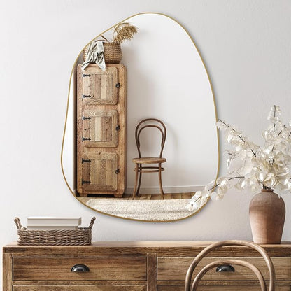 PERFNIQUE Irregular Asymmetrical Wall Mirror, 32"x24" Gold Bathroom Mirror | Decorative modern boho mirror with gold finish. HD glass mirror for bedroom, living room, entryway, mantel and vanity decor