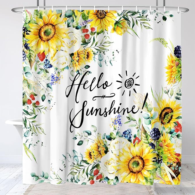 Hello Sunshine Shower Curtain Summer Sunflower Shower Curtain Set for Bathroom Decor Waterproof Machine Washable Shower Curtains with 12 Hooks, 72x72 Inch