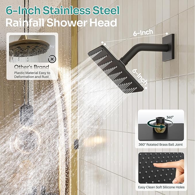 Black Shower System, Matte Black Shower Faucet Set with 3 In 1 Push Button Shower Diverter Valve, 10'' Ceiling Shower Head and 6'' Wall Mounted Shower Head, Black Rain Shower Head with Handheld Spray