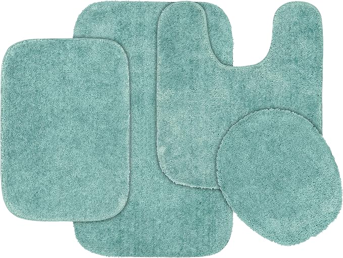 Garland Rug Traditional Nylon Washable Sea Foam 4 Piece Set - Lid, Contour, 2 Bath Rugs - Soft, Absorbent, and Stylish for Your Bathroom