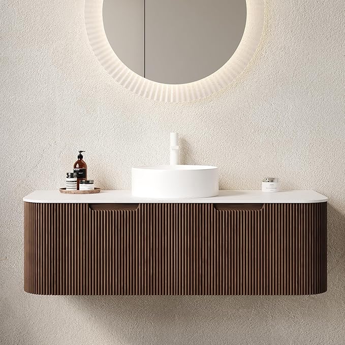 Yayzy 48" Floating Bathroom Vanity with Sink, Solid Wood Fluted Cabinet, White Round Ceramic Basin & Faux Marble Top, Soft-Close Drawer, Pre-Assembled, Walnut Woodgrain