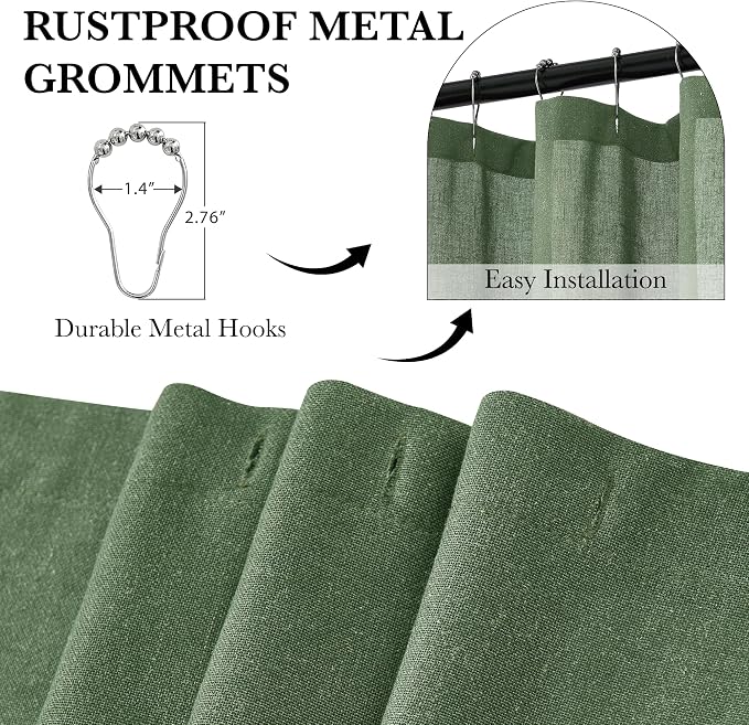 KGORGE Forest Green Shower Curtain for Bathroom, Linen Fabric Semi Sheer Lightweight Waterproof Thick Neutral Button Hole Shower Curtains for Bathtub, 72 x 72 inches Long, 12 Hooks Included, 1 Panel