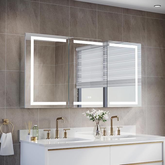 60" X 30" Bathroom Mirror Medicine Cabinet with 3X Magnification Makeup Mirror, LED Mirrored Cabinet, Bathroom Storage Mirror Cabinet, Recessed or Surface, Three Opening Doors