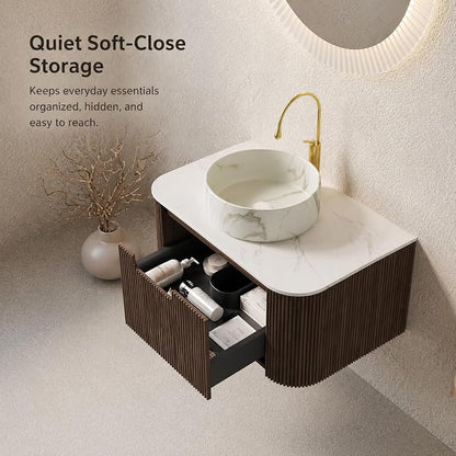 30 Inch Bathroom Vanity with Sink, Floating Wall Mounted Single Sink Vanity, Dark Walnut Curved Fluted Front, Stone Top, Marble-Look Round Vessel Basin, Pre-Assembled