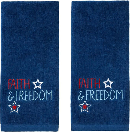 SKL Home Faith & Freedom Hand Towel Set-2pc, 100% Cotton, Embroidered, Navy | Fun for Memorial Day, 4th of July, Labor Day & all patriotic holidays. For use in the bathroom, kitchen or bar.