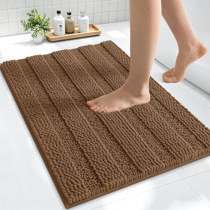 Smiry Thick Small Chenille Bathroom Rugs 24x16, Absorbent Bath Mat, Mocha | Quick‑Dry & Machine Washable, Non‑Slip Bath Carpet, Soft Striped Bath Rugs for Tub & Shower, Modern Home Decor Accessories