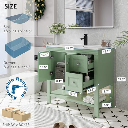 eclife 36" Bathroom Vanity with Sink Combo, Modern Painted Vanities Cabinet w/Wide Opening Storage Shelf, 2 Drawers, Soft Closing Doors and Undermount White Sink Faucet Drain, Green