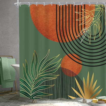 Mid Century Green Orange Boho Abstract Modern Bathroom Shower Curtain Set | 72Wx72L Sun Arch design, waterproof HD print with fast-drying fabric and 12 hooks.