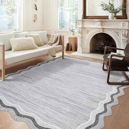 Garvee Grey Scalloped Rugs 5x7 Washable Area Rugs for Bedroom | Scalloped Rug 5x7, Girls Room Rug, Stain Resistant Solid Rugs for Bedroom Kids Room, Scalloped Low Pile Non-Slip Neutral Rugs