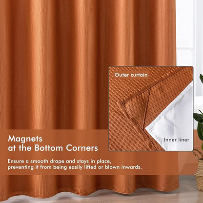 No Hook Shower Curtain with Snap-in Liner 71x74, Terracotta | Embossed Waffle-Look Textured, Sheer Window, Soft & Lightweight, Water Repellent Clay Fabric Shower Curtain for Bathroom
