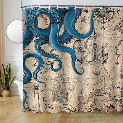 Fungarth Vintage Nautical Octopus Shower Curtain Navy Blue Mermaid Funny Ocean Kraken Shower Curtains for Bathroom Anchor Coastal Map Waterproof Fabric Bath Curtain Decor with Hooks (Retro, 72” x 72”)