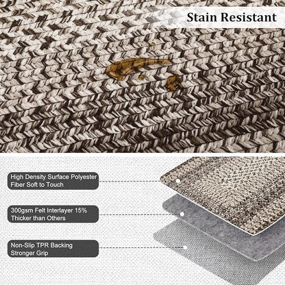Imitation Braided Collection-Print 4x6 Bedroom Washable Area Rug Dining Room Throw Carpet with Non Slip Rubber Backing, Farmhouse Soft Low Pile Rustic Accent Rug for Living Room Home Decor