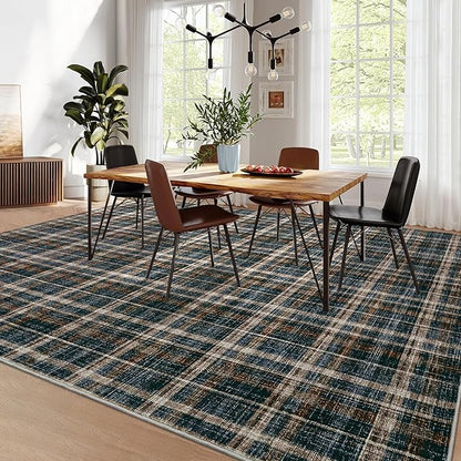 Large Living Room Rugs 10x13 Area Rug Stain Resistant Farmhouse Dining Room Carpet Non Slip Checkered Bordered Carpet for Classroom Dining Room, Black&Brown